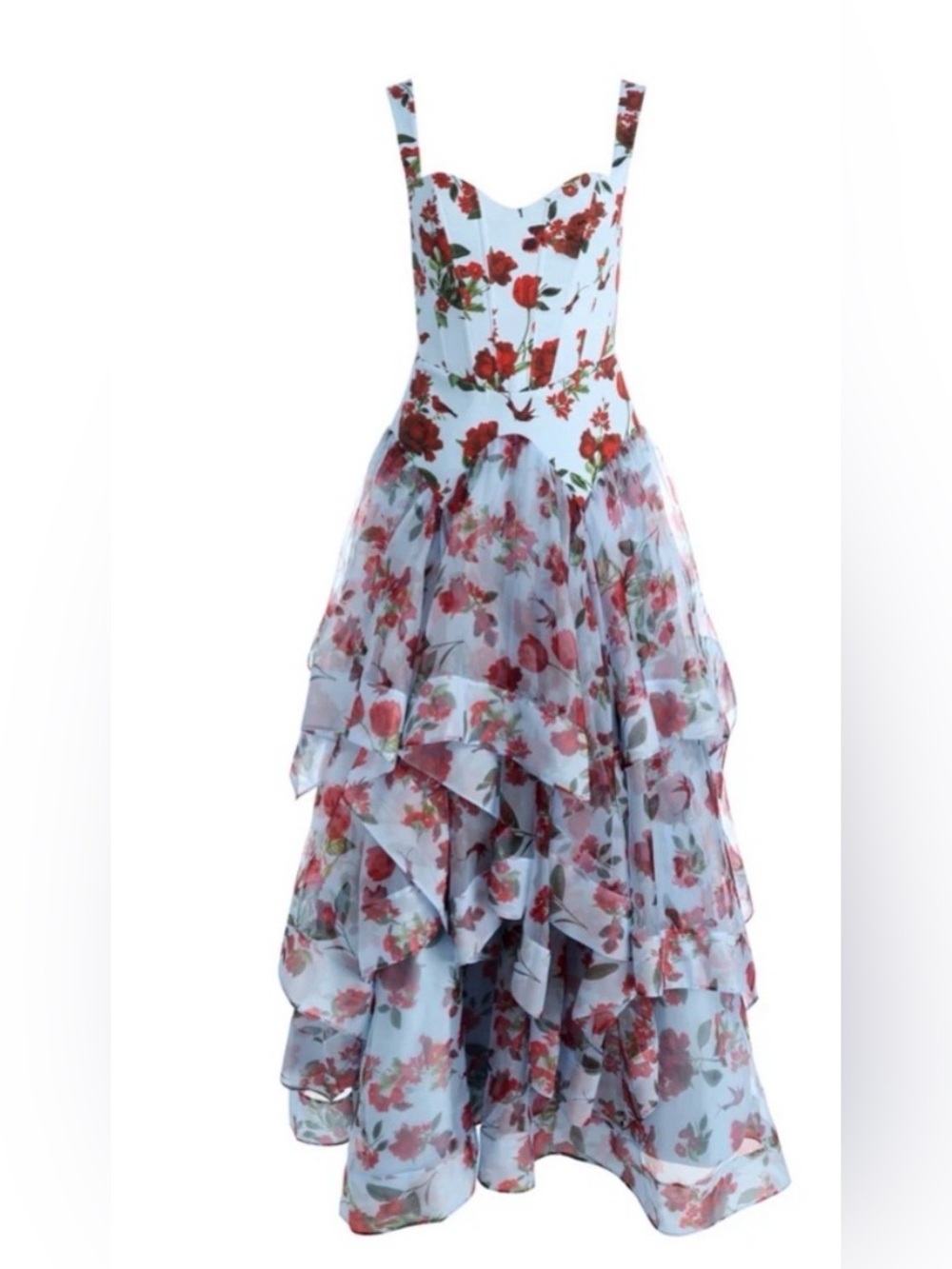 Alice + Olivia Blue Tiered Floral Maxi Dress with Red Flowers
